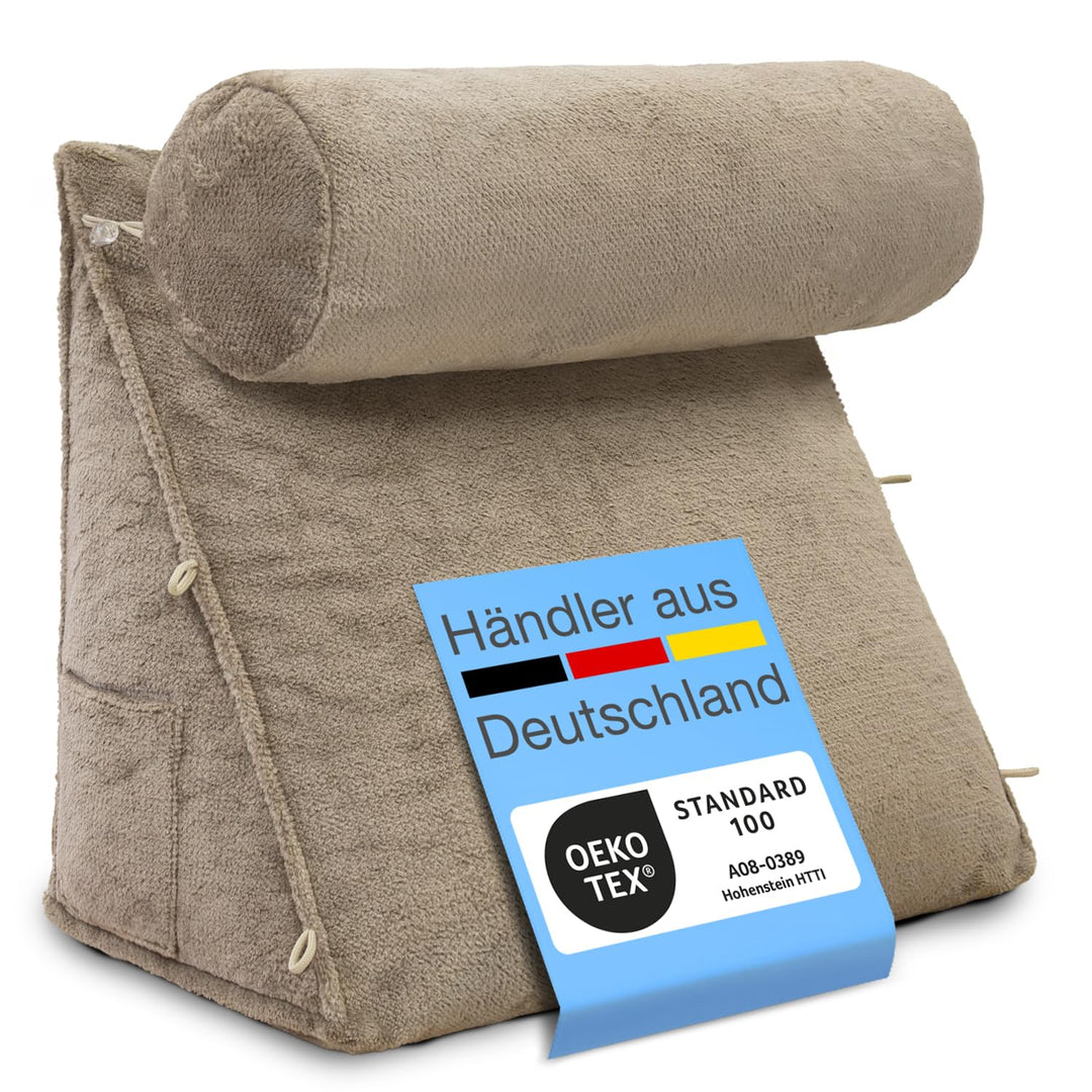 Rückenkissen Bett/Sofa mit Abnehmbarer Nackenrolle und Seitentasche, Rückenstützkissen mit Nackenkis