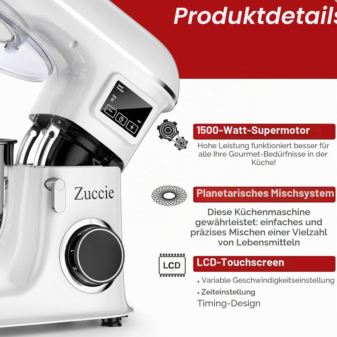 Zuccie küchenmaschine 1500W 8L Knetmaschine 6 Geschwindigkeit Fermentationsfunktion+LCD knetmaschine
