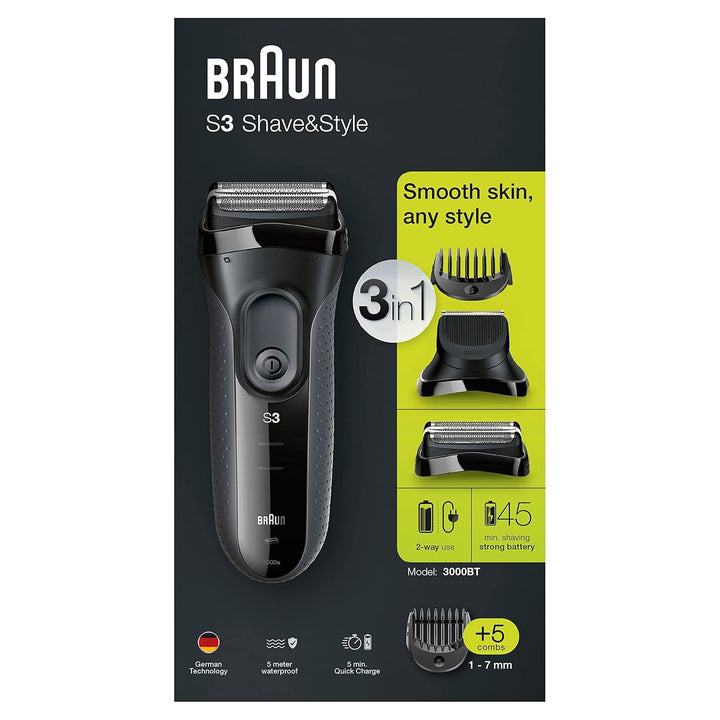Braun Series 3 3-in-1 Elektrorasierer, Barttrimmer mit 5 Kammaufsätzen, Wet&Dry, 45 Minuten Akkulauf