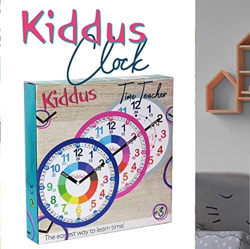 Kiddus Wanduhr für Kinder. Analoger Zeitlehrer mit Zeitlernübungen. Stilles Uhr. Viele Sprachen. Eng