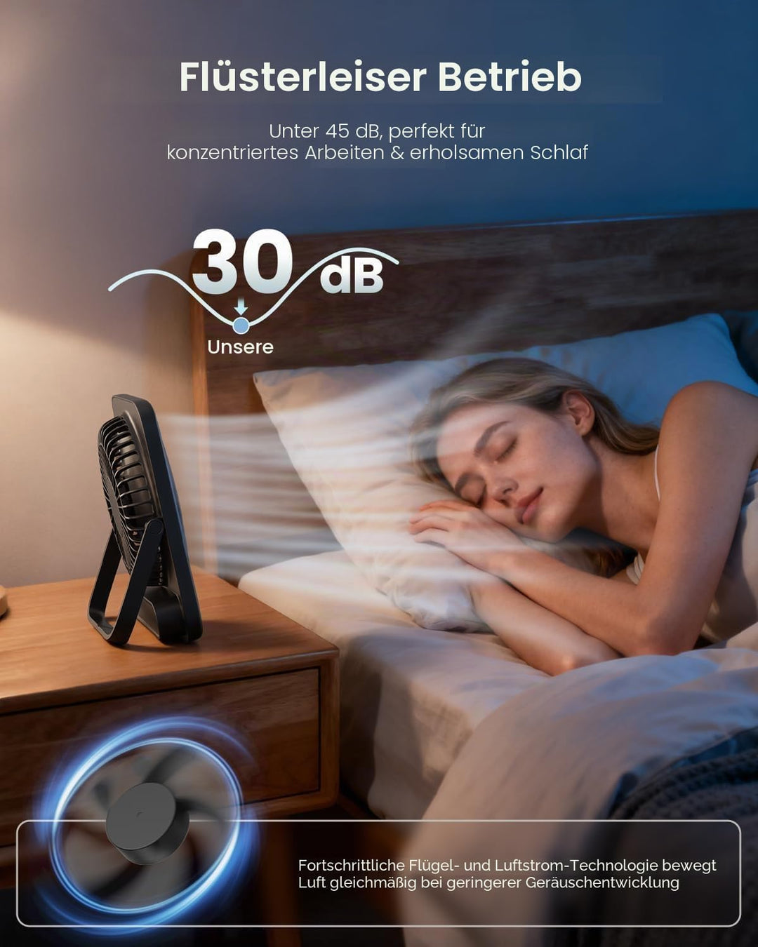 Otlonpe Tischventilator Leise, 4000mAh Akku Tisch Ventilator Tragbar, 23H Laufzeit Tischventilatoren