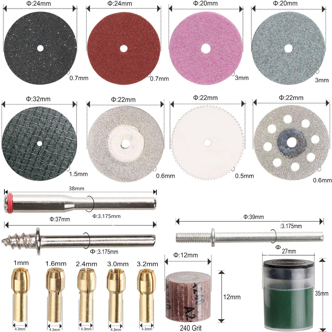 ZFE 217tlg Mehrzweck Zubehörset, Multifunktionswerkzeuge mit 3mm Schaft zum Schneiden, Bohren, Gravi