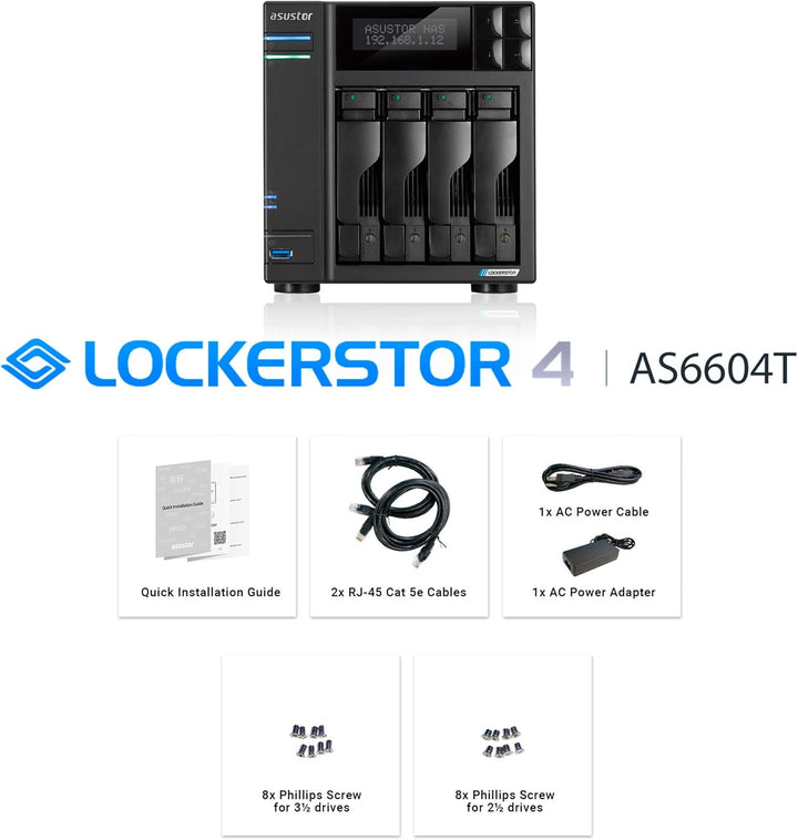 Asustor Lockerstor 4 AS6604T 4 Bay NAS - Netzwerkspeicher Gehäuse, Quad Core 2.0GHz CPU, 4GB RAM DDR
