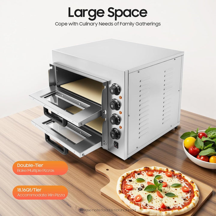 Doppel Pizzaöfen elektrisch, 3000W 2 Kammern Pizzaofen aus Edelstahl, Kommerzieller Pizzabackofen mi