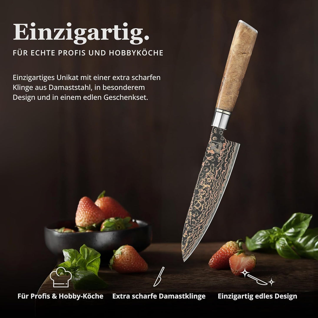 zayiko BlackMagma Damastmesser I 14 cm Klinge aus Damaststahl mit Kupfer &amp; Bronze sowie Ahornholzgri