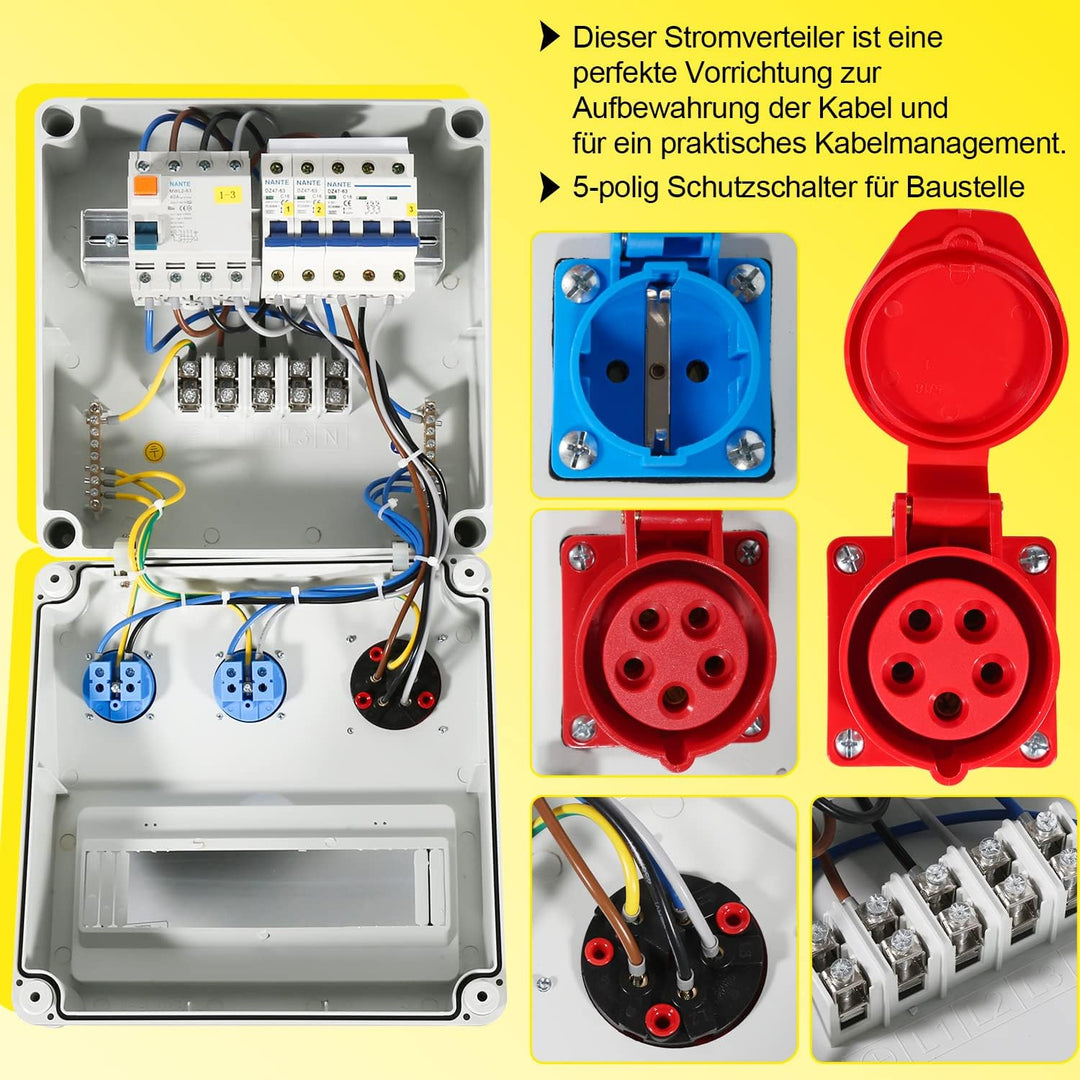 Fiqops Baustromverteiler 16A, Stromverteiler 1x400V+2x230V, Baustromverteiler 16A mit FI Schalter, S