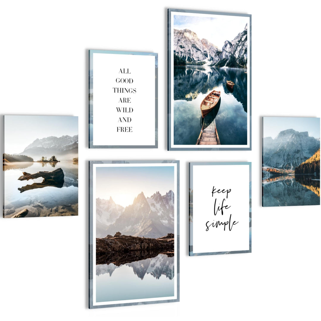 Novart Wandbilder Set Berge und See Natur - KEIN EXTRA RAHMEN BENÖTIGT - Modern Deko - Wohnzimmer Sc