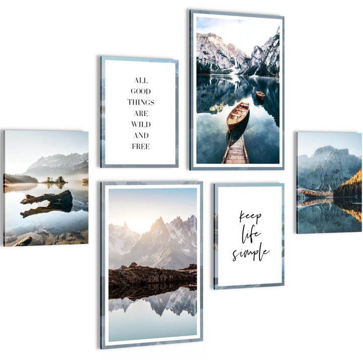 Novart Wandbilder Set Berge und See Natur - KEIN EXTRA RAHMEN BENÖTIGT - Modern Deko - Wohnzimmer Sc