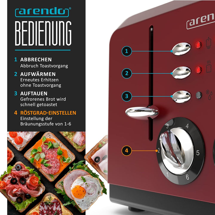 Arendo - Automatik Toaster 4 Scheiben - Edelstahlgehäuse - bis zu vier Sandwich und Toast-Scheiben -