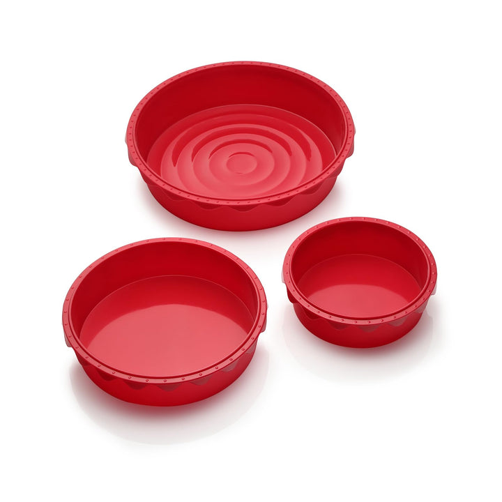 Coolinato 3er Set Silikon Backformen rund 16 cm 20 cm und 26 cm, Rot, Silikonformen zum Backen von K