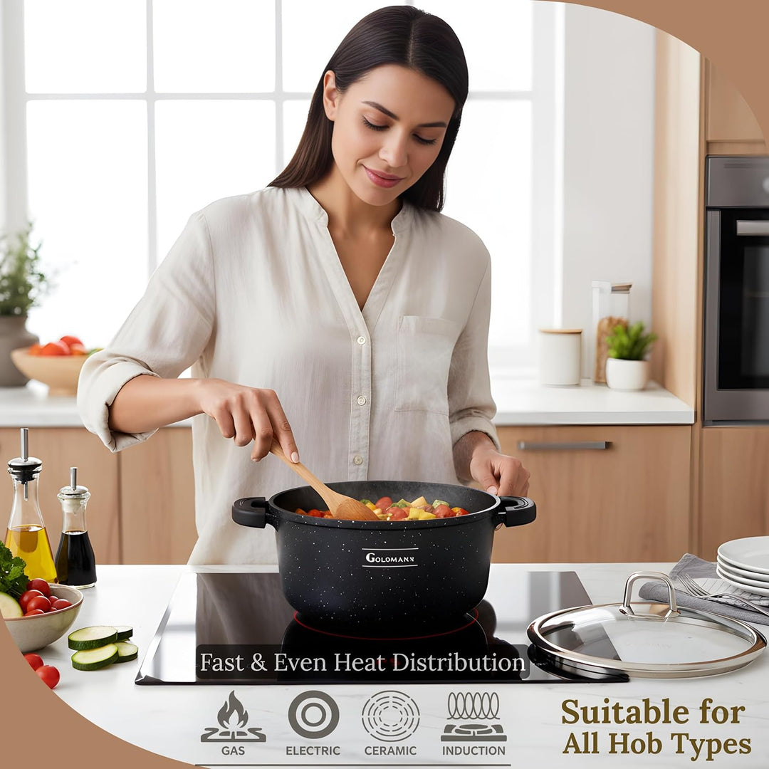 GOLDMANN Premium Gussaluminium Kochtopf 28 CM – 6.5L – Keramik-Marmor-Antihaft-Kasserolle mit Glasde