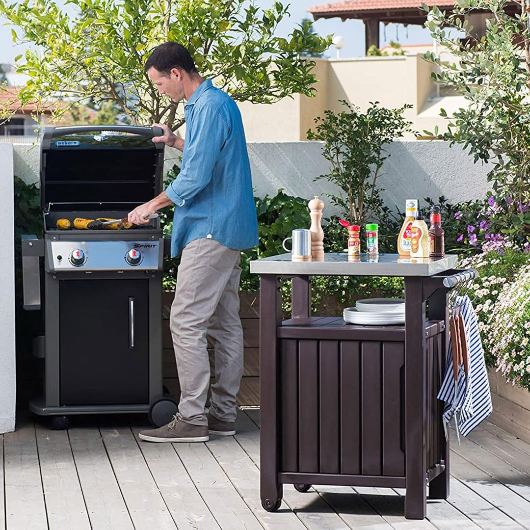 Keter Unity Portable 40 Gal Outdoor Table and Storage Cabinet w/ Accessory Hooks, Stainless Steel To