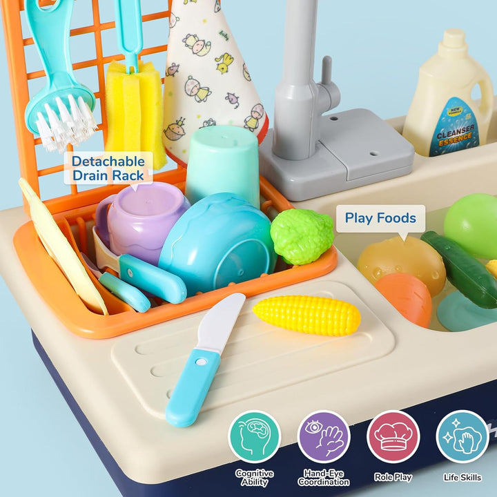 Mini Tudou Kinderwaschbecken Spielzeug,Spielspüle Spielzeug mit Automatischem Wasserzyklus-System, E