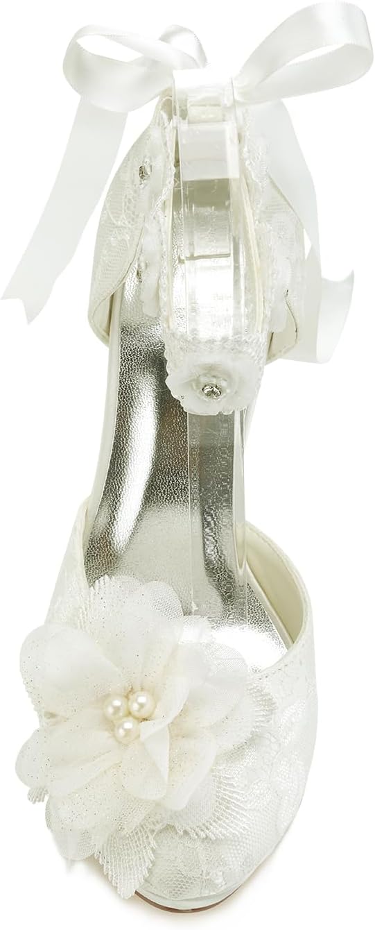 JIAJIA 3703L Damen Brautschuhe Closed Toe 8cm Stöckelabsatz Spitze Satin Plateau Pumps Satin Blumenb