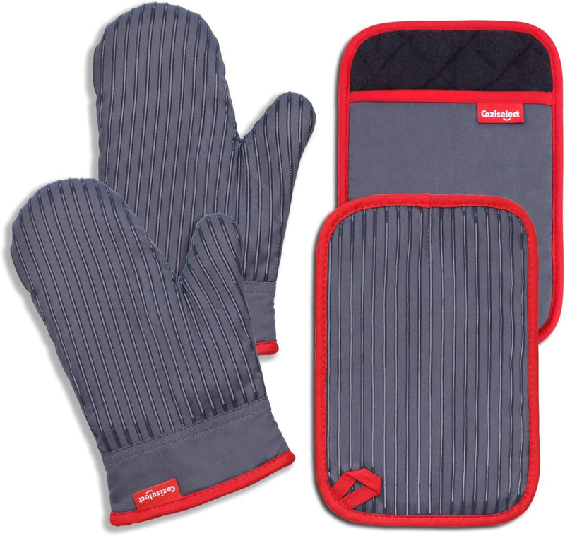 Coziselect Ofenhandschuhe, Hitzebeständige Topfhandschuhe und Topflappen Set, Silikon Anti-Rutsch De