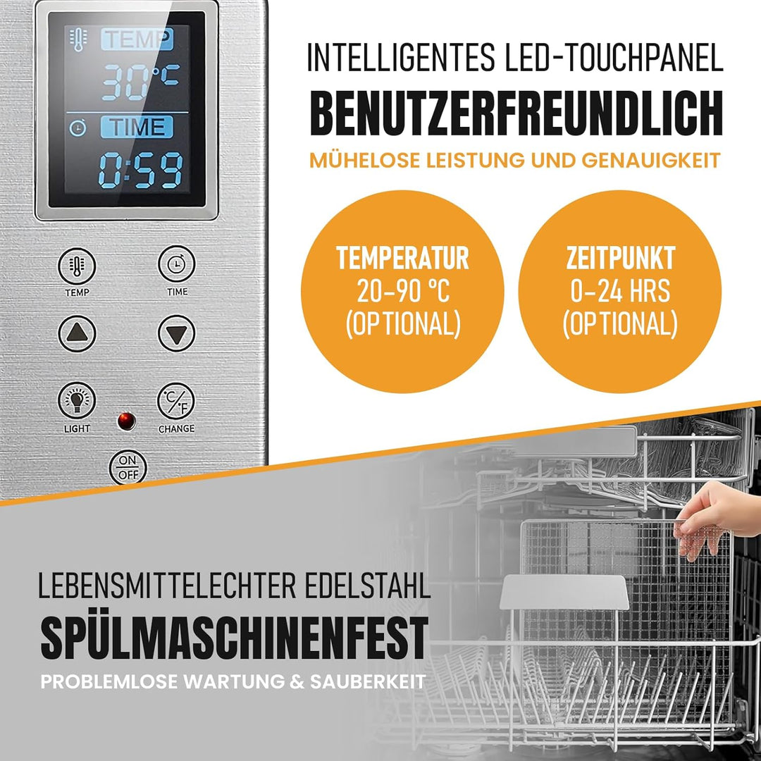 Dörrautomat Edelstahl, Dörrgerät & Food Dehydrator, 6 Dörrtabletts, 500W, LED-Display, 30–90°C, 24h