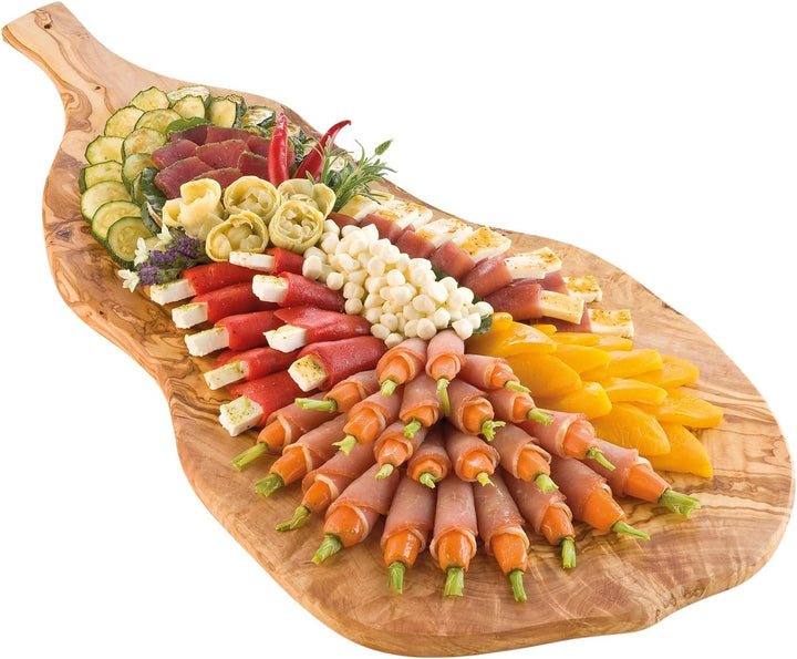 BATANIA Olivenholzbrett, Brotzeitplatte, Holzbrett für Buffet, gross mit Griff | Länge ca. 70 cm, Br