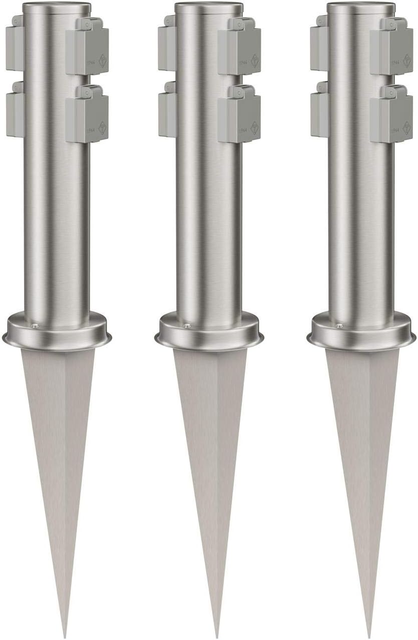 ledscom.de Gartensteckdose PORU mit Erdspiess, Outdoor, 4-Fach, Edelstahl, rund, 38cm, 2 STK. 2 Stüc