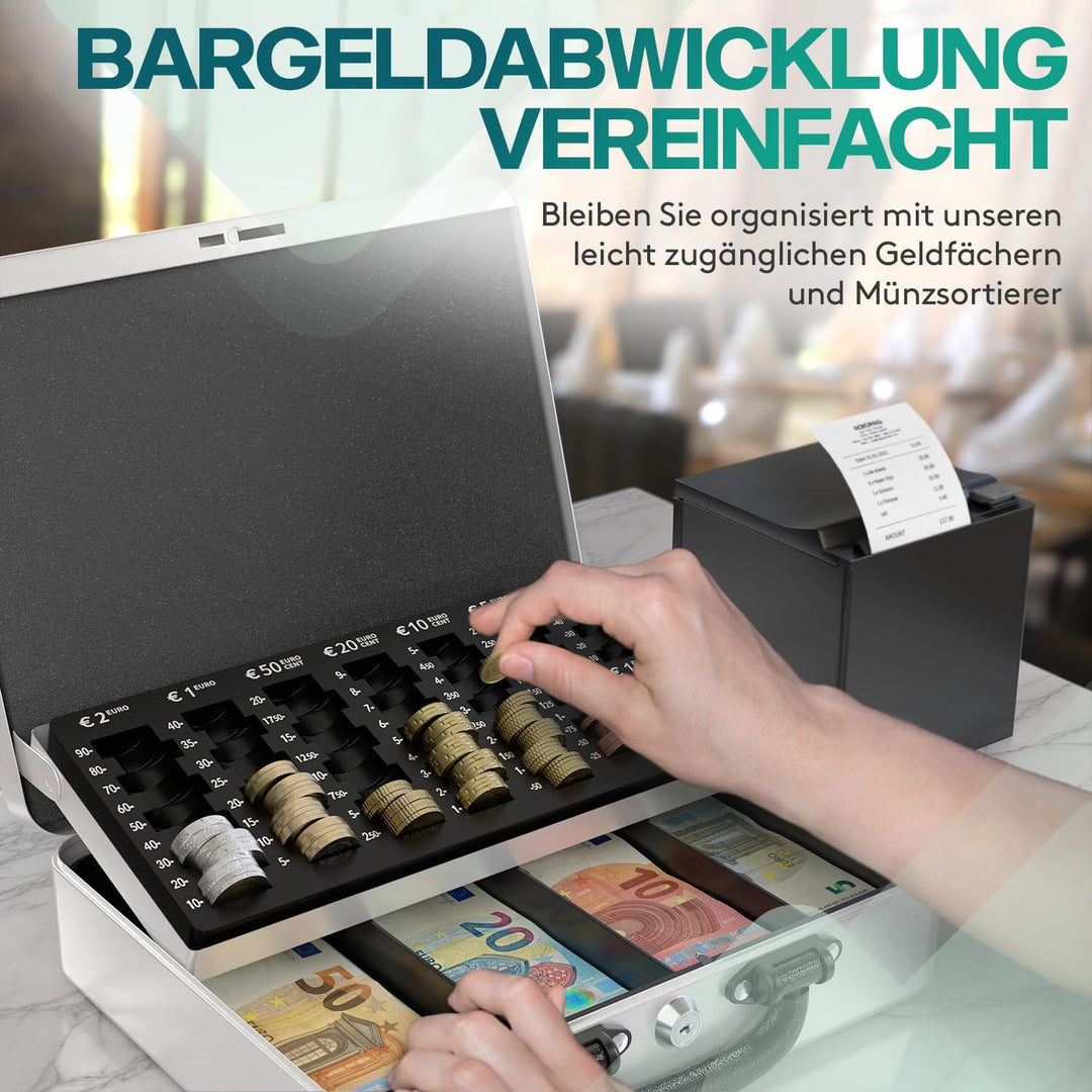 ACROPAQ Geldkassette - Abschliessbar, Mit Münzzählbrett, Gross, 30 x 24,5 x 9 cm, Mit 2 Schlüsseln,