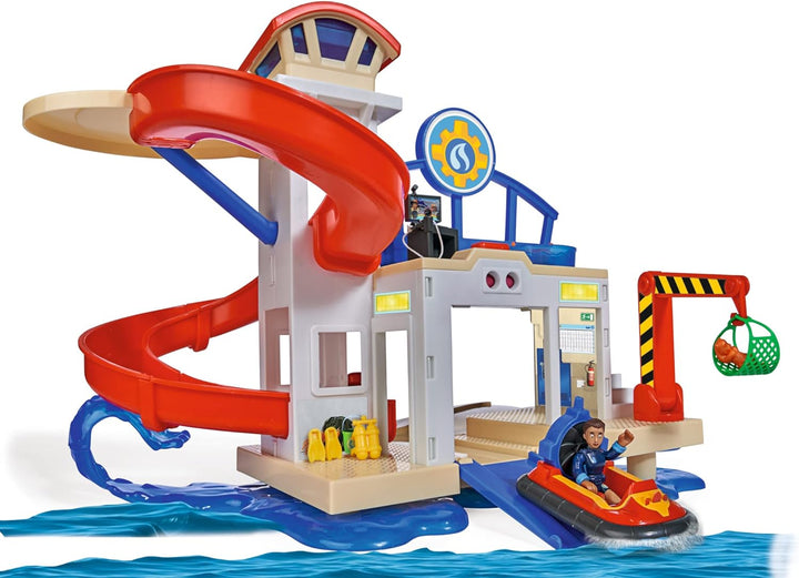 Simba 109252518 - Feuerwehrmann Sam Neue Wasserwacht, mit Sound, mit Landeplatz für Helikopter, Wall