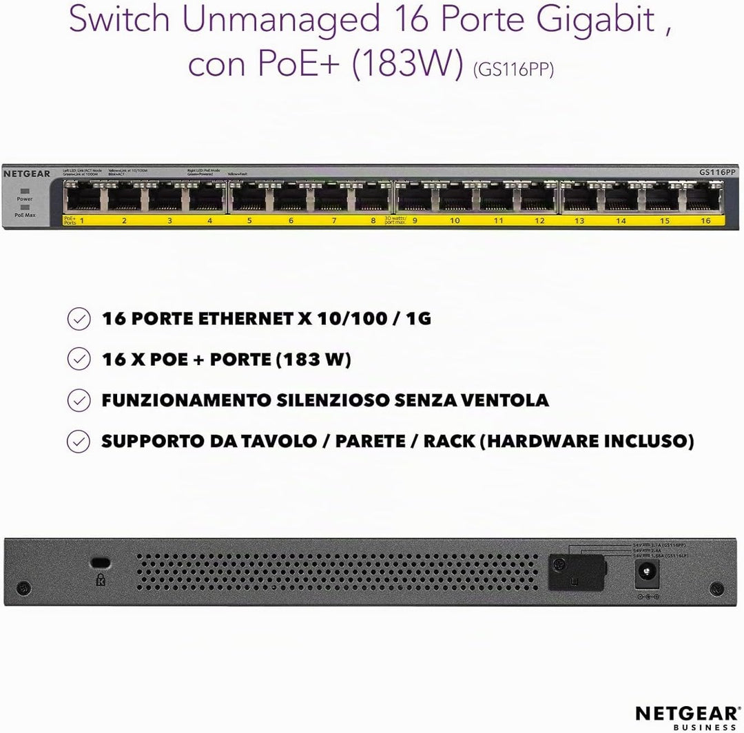 NETGEAR GS116PP PoE Switch 16 Port Gigabit Ethernet LAN Switch mit 16x PoE+ 183W (Plug-and-Play Netz