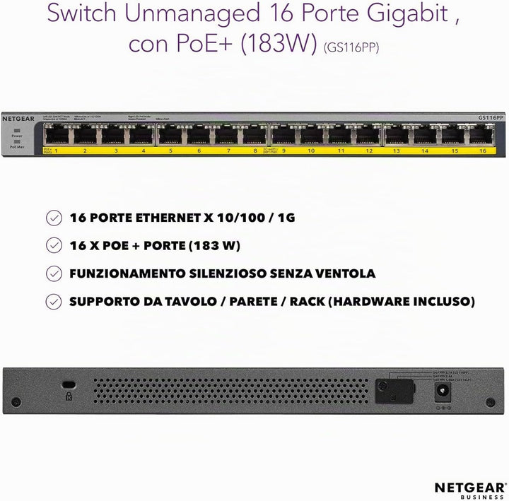 NETGEAR GS116PP PoE Switch 16 Port Gigabit Ethernet LAN Switch mit 16x PoE+ 183W (Plug-and-Play Netz
