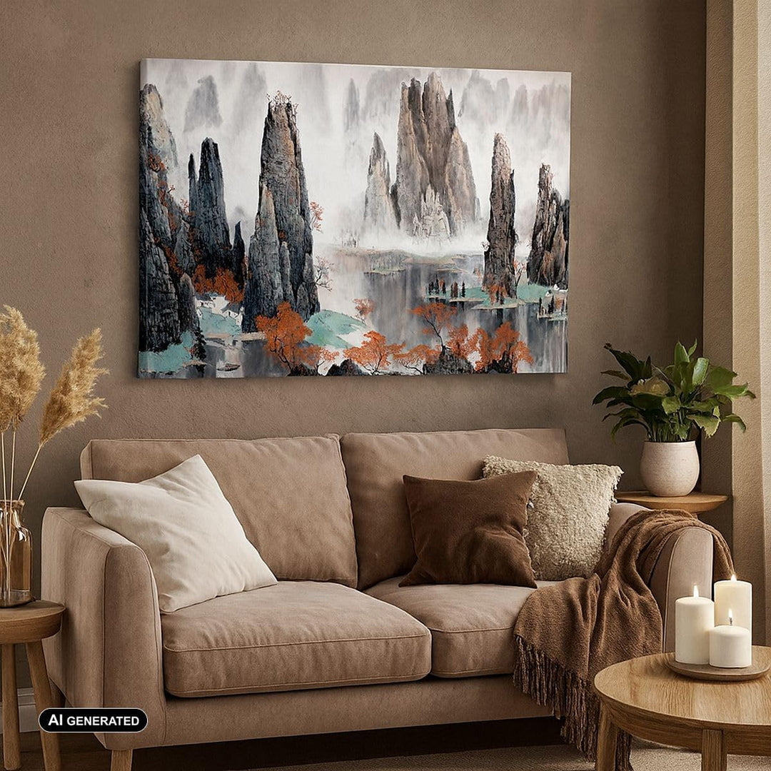 Bilder auf Leinwand 100x70cm Leinwandbild mit Rahmen Berge Märchen Nebel Gross Wanddeko Bild Schlafz