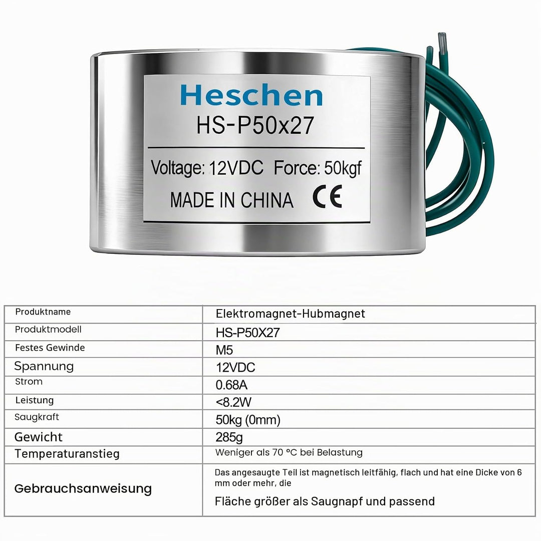 Heschen Elektromagnet P50/27, Aussendurchmesser: 50 mm, DC 12 V, 50 kg