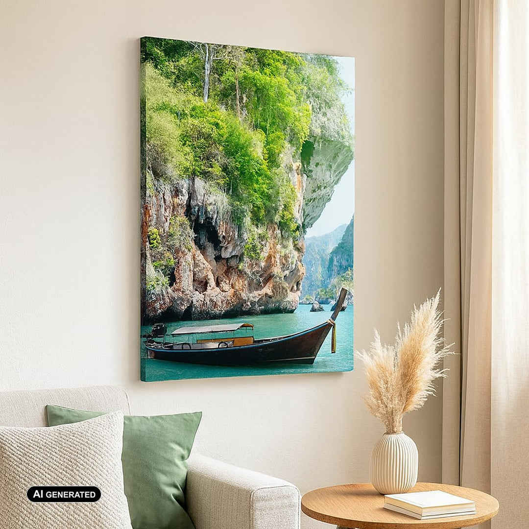 Bilder auf Leinwand Boot Klippen Natur Felsen Leinwandbild mit Rahmen 45x80cm Wandbilder Dekoration