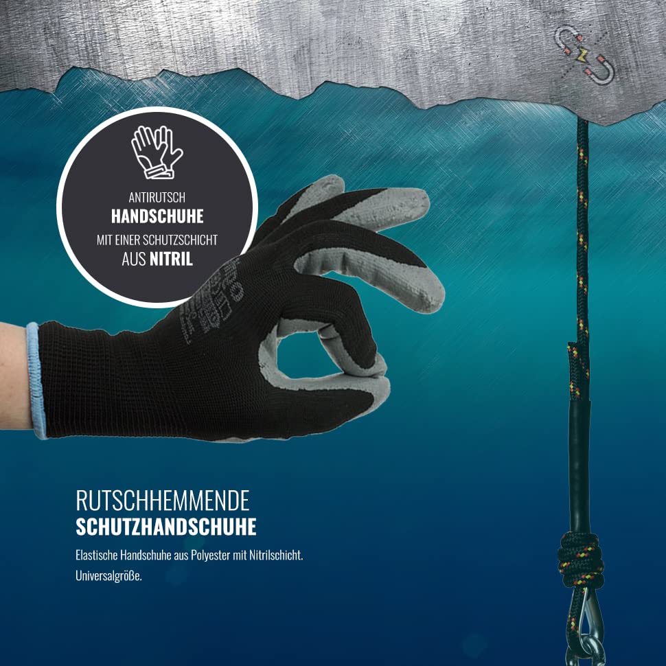 SENSEI Set 600 kg, N52 Neodym-Magnet mit Öse, Ø12 x H2 cm, Segelseil 25 m, Schutzhandschuhe + Zubehö