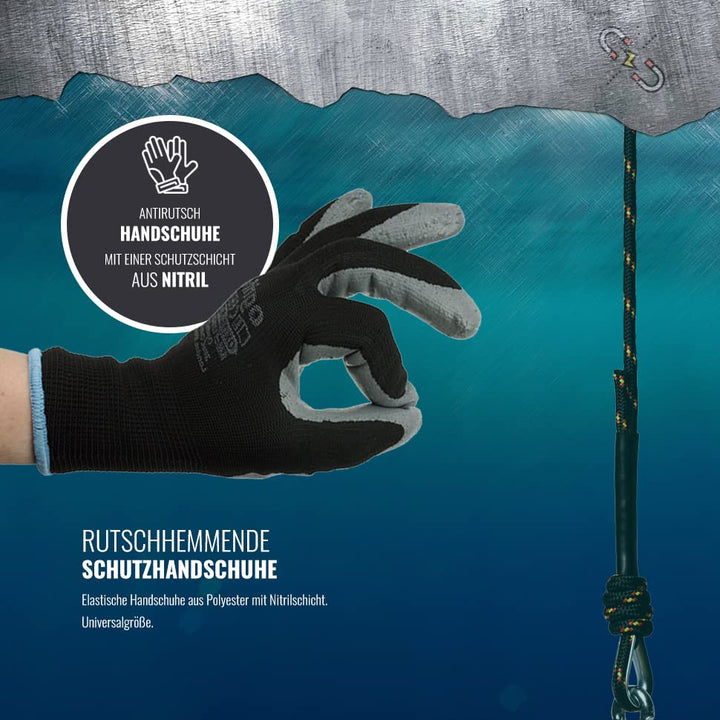 SENSEI Set 600 kg, N52 Neodym-Magnet mit Öse, Ø12 x H2 cm, Segelseil 25 m, Schutzhandschuhe + Zubehö