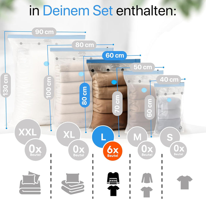 Vakuumbeutel für Kleidung [6 Stück] Gross (60x80 cm) - INKL. ETIKETTEN - Staubsauger Vaccumiertüten