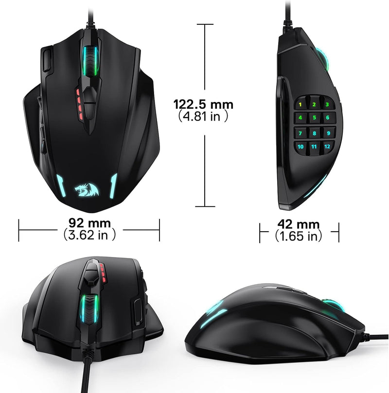 Redragon M908 Impact RGB LED MMO Maus USB Laser Gaming Maus mit 12400dpi, Hohe Präzision, 20 program