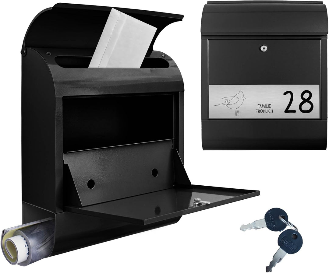 banjado® Briefkasten personalisiert mit graviertem Namensschild in Silber/Briefkasten schwarz 39x47x