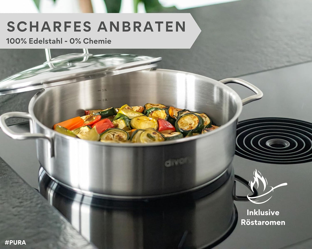 Schmorpfanne 28cm – Hohe Edelstahl Servierpfanne unbeschichtet & ohne PTFE/PFOA, Schmortopf mit Deck