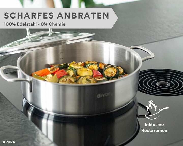 Schmorpfanne 28cm – Hohe Edelstahl Servierpfanne unbeschichtet & ohne PTFE/PFOA, Schmortopf mit Deck