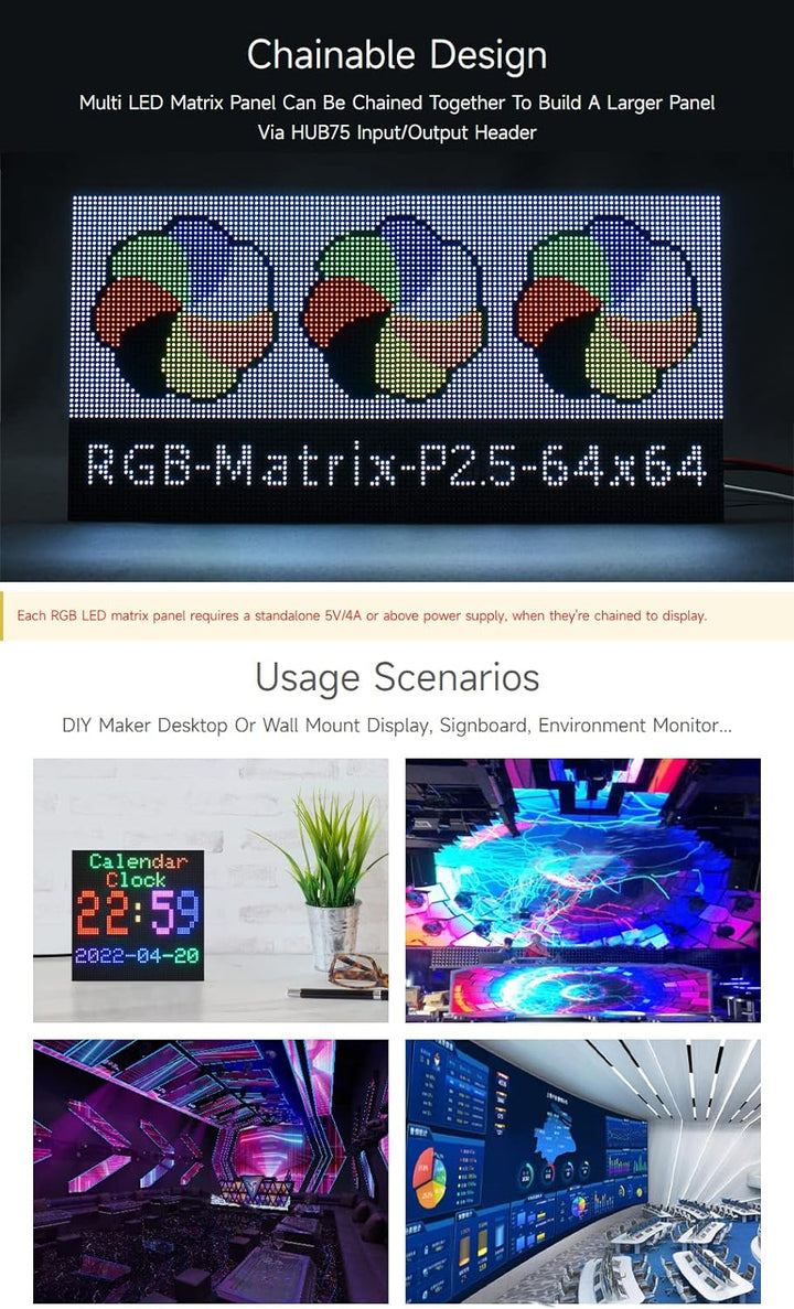 Waveshare RGB Full-Color LED Matrix Panel 2.5mm Pitch 64x64 Pixels Adjustable Brightness Compatible