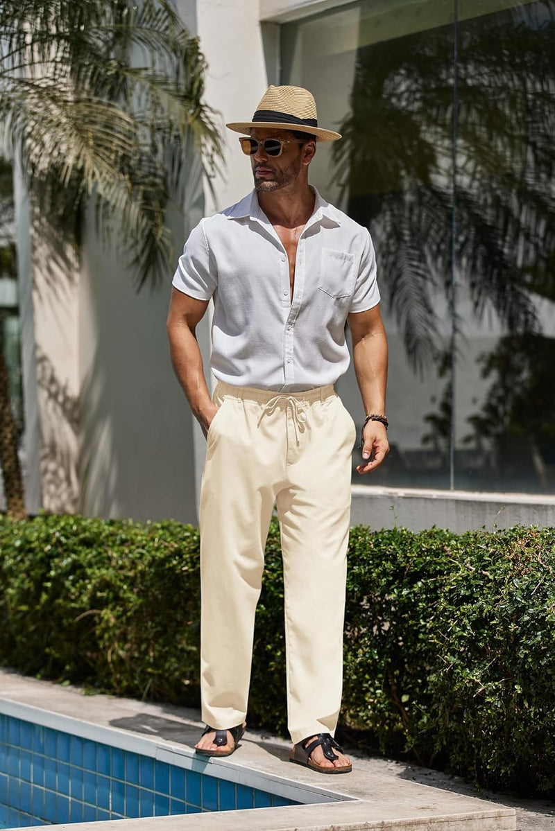 COOFANDY Herren Leinenhose mit Kordelzug Leicht Sommerhose Freizeithose Einfarbig Hose Lang für Männ