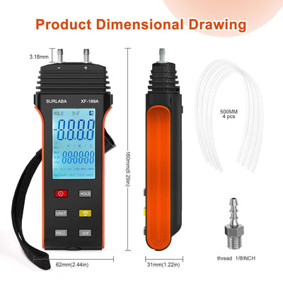 SURLABA Digitales Manometer, Differenzdruckmessgerät Messbereich 6PSI, Gasdruckmessgerät mit 11 Einh