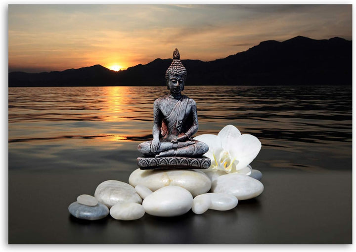 Feeby Bilder Buddha Steine Blume Orchidee See 60x40 cm 1 Teilig Wohnzimmer Schlafzimmer Büro Flur Kü