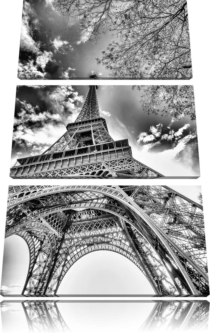 Pixxprint Monocrome, Eindrucksvoller Eifelturm Paris 3-Teiler Leinwandbild 120x80 Bild auf Leinwand
