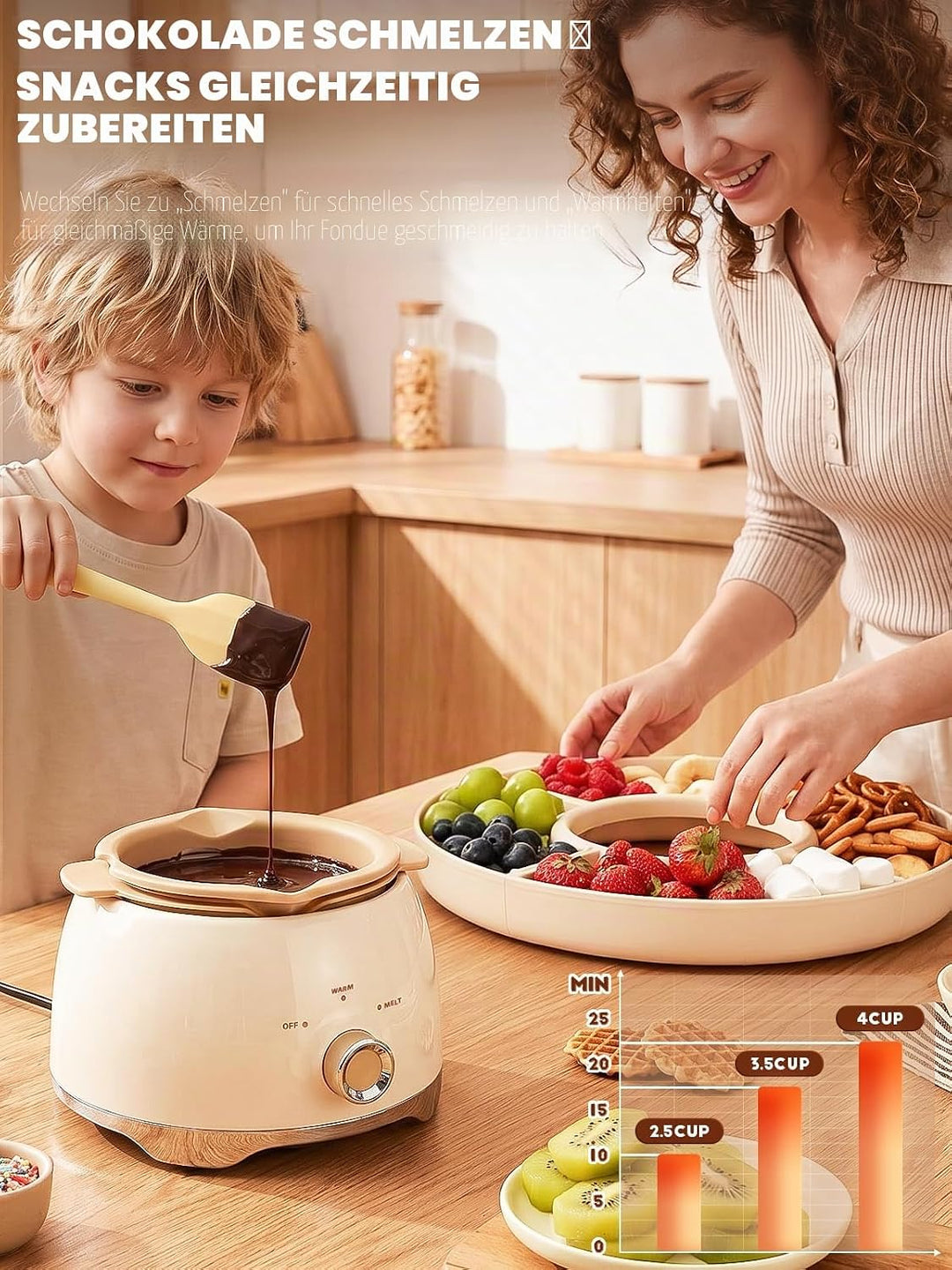 Schokofondue Set elektrisch, 800 ml Schokoladenschmelzer mit drehbarer Servierschale Fondueset, 4 Fä