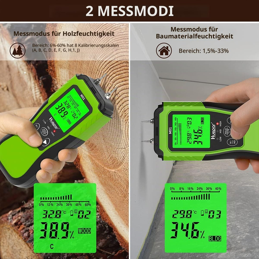 Huepar Digitales Holzfeuchtemessgrät, Pin–Type Wasserdetektur mit 2 Messmodi –8 Type von Messe der H