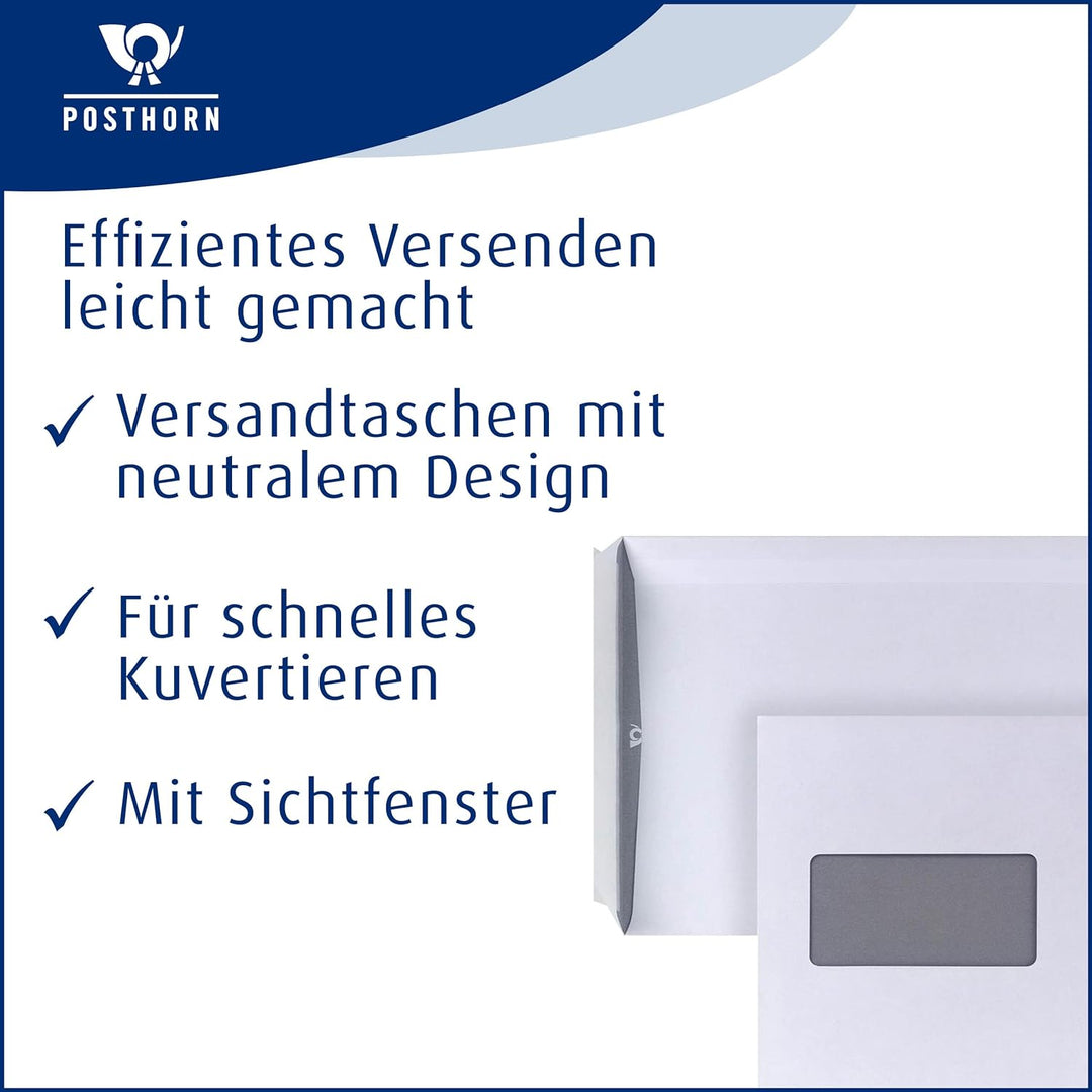 POSTHORN Versandtasche C5 (500 Stück), haftklebende Versandtaschen, 229 x 162 mm, 90g/m² &amp; Versandta
