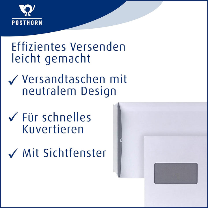 POSTHORN Versandtasche C5 (500 Stück), haftklebende Versandtaschen, 229 x 162 mm, 90g/m² &amp; Versandta