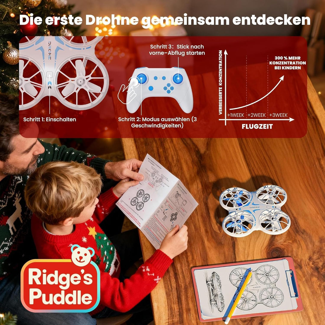 Ridge's Puddle Mini Drohne für Kinder - Geschenke Junge RC Flugzeug Drone Kinder mit LED Lichter Spi