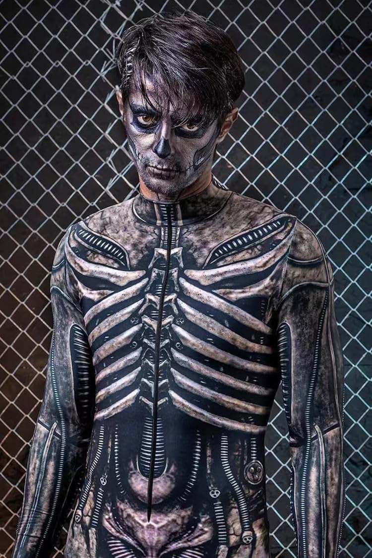 Shmily Girl Skelett Kostüm Damen Herren Halloween Kostüme Cosplay Overall Bodysuit Schwarz2 M, Schwa