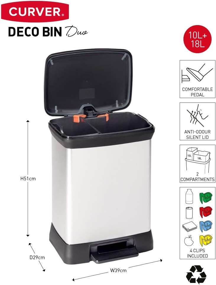 Curver Deco Bin Abfalleimer, Kunststoff, schwarz/Silber metallic, 30 L Schwarz / Silber Metallic 30