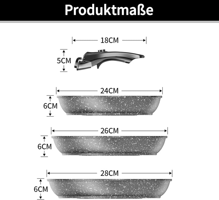 Kiseely Pfannenset mit Abnehmbarer Griff,Bratpfanne mit Antihaft beschichtung,Cool-Touch Handles Sui