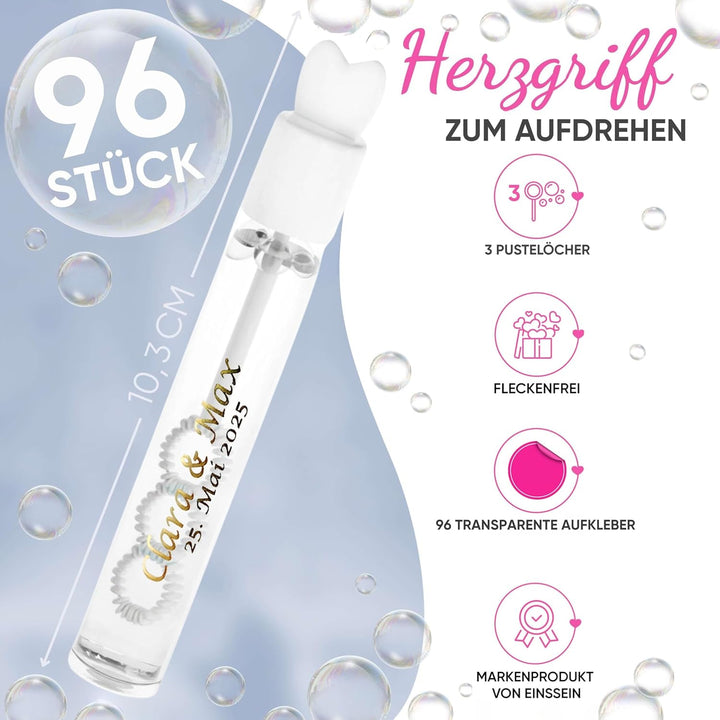 EinsSein personalisierte Seifenblasen Hochzeit Lovegläschen Weiss 96 Stück | Seifenblasen mit Aufkle